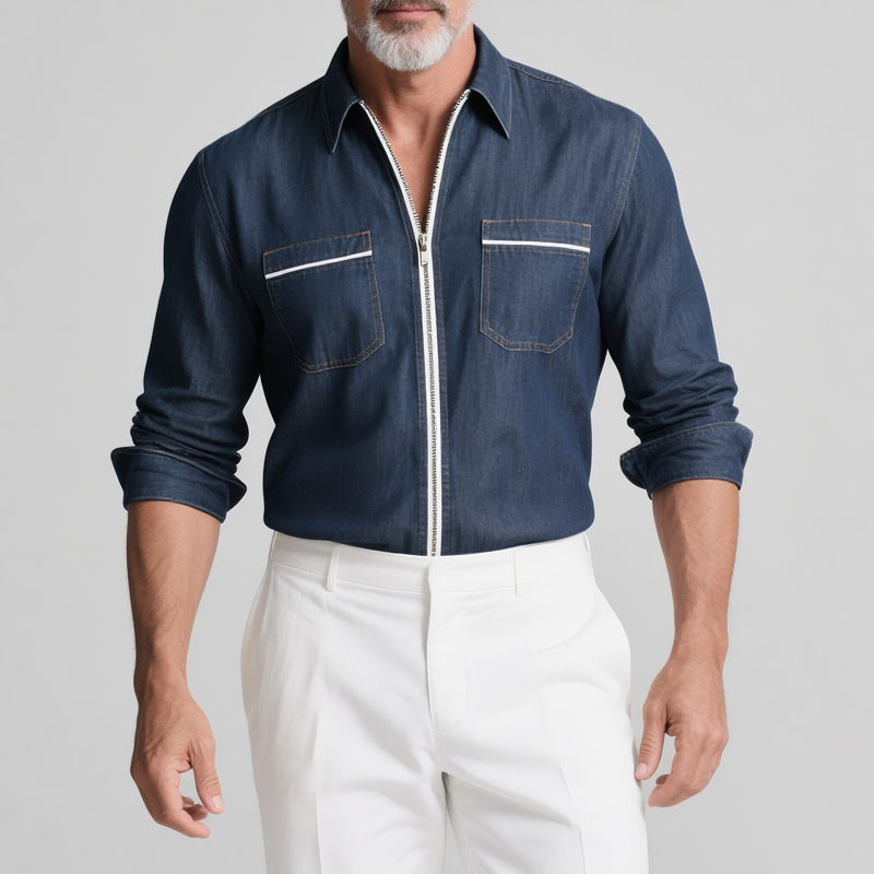Men's Fashion White Trim Lapel Long Sleeve Denim Shirt DTT25072917