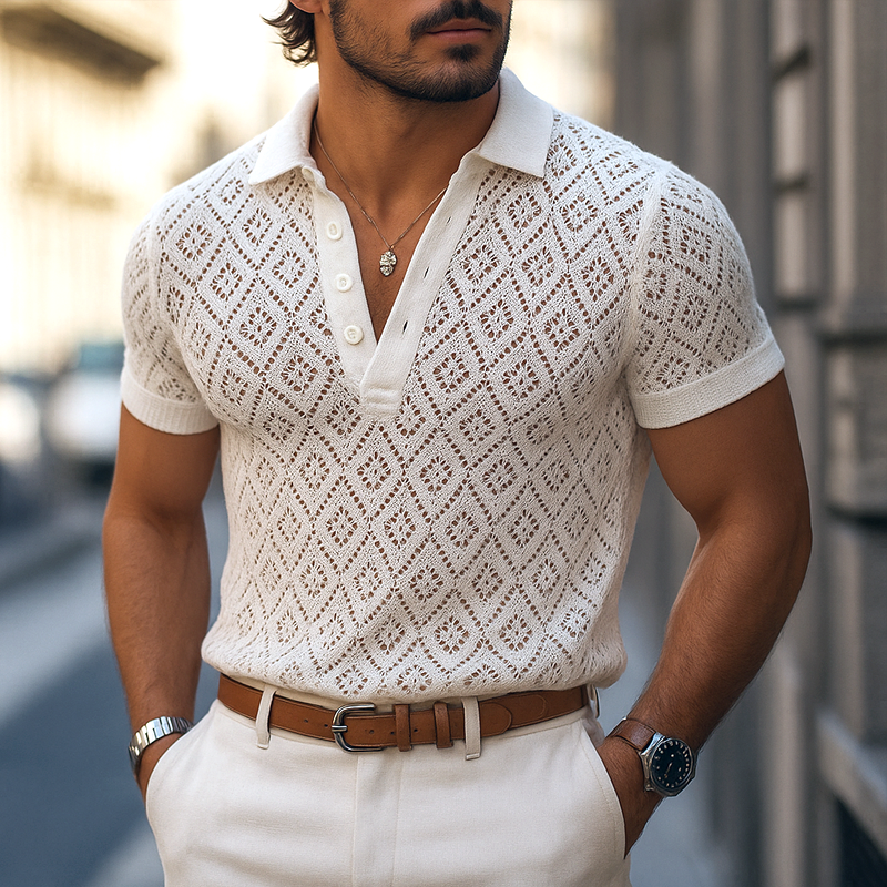 Men's Solid Plaid Knit Lapel Short Sleeve Polo Shirt DTT25062417
