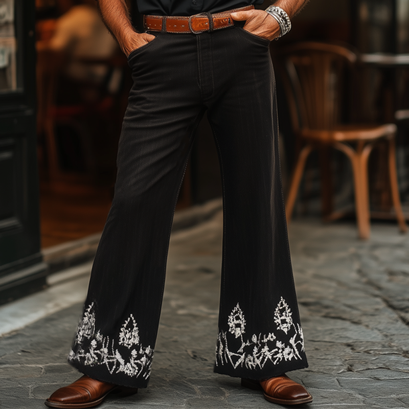 Men's Western Cowboy Style Vintage Silver Embroidered Flared Pants DTT25061610