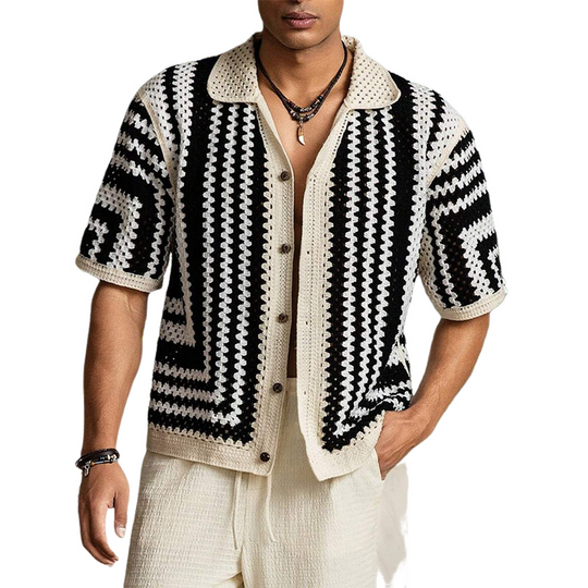 Men's Knitted Patchwork Contrast Lapel Short-sleeved Shirt 9918989533368