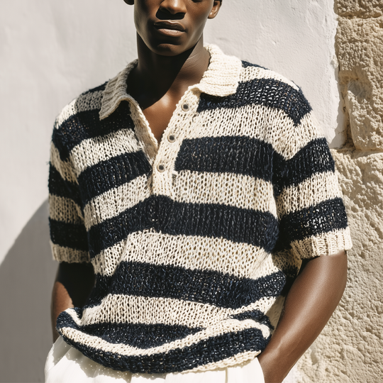 Men's Summer Classic Black And White Striped Knitted Polo Neck T-Shirt DTT25071016