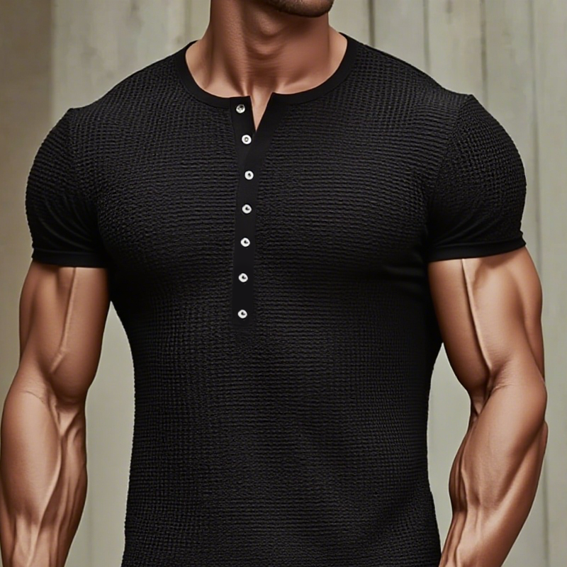 Men's Solid Color Waffle Henley Neck Short Sleeve T-shirt DTT25061707