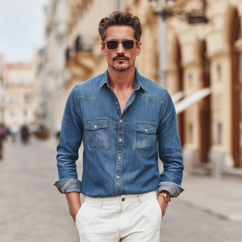 Men's Vintage Denim Washed Distressed Lapel Chest Pocket Slim Fit Western Cowboy Long Sleeve Shirt DTT25071516