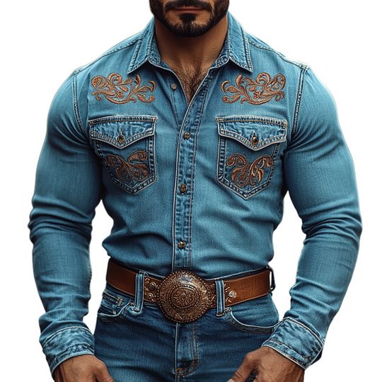 Men's Western Cowboy Style Embroidered Lapel Chest Pocket Long Sleeve Denim Shirt 9905398284472