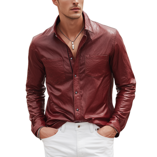 Men's Fashion Casual Pu Leather Slim Fit Metal Button Long Sleeve Shirt DTT25080607
