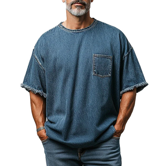 Men's Denim Raw Edge Chest Pocket Drop Shoulder Short Sleeve T-Shirt 9899607851192