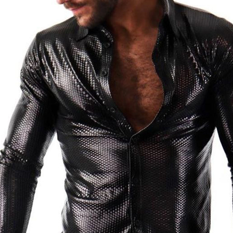 Men's Vintage Slim Fit Mesh Long Sleeve Leather Shirt 9892049027256
