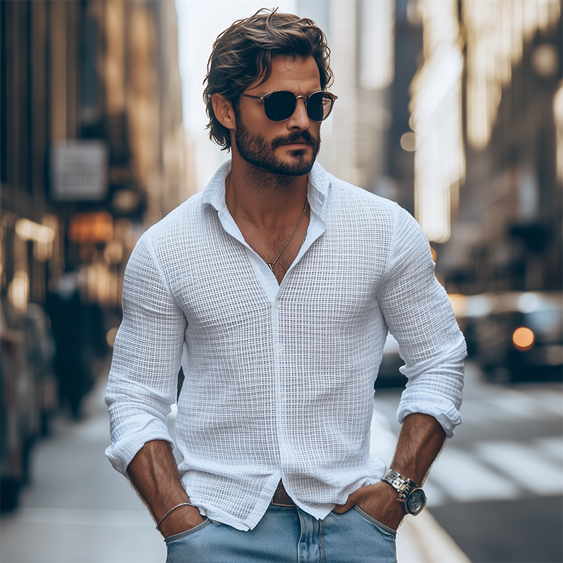 Men's Classic Casual Slim Fit Solid Color Waffle Long Sleeve Shirt 9909010104504