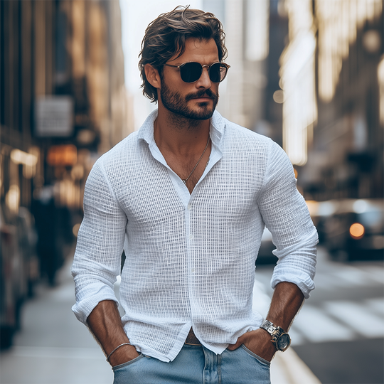 Men's Classic Casual Slim Fit Solid Color Waffle Long Sleeve Shirt 9909010104504