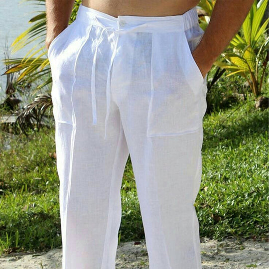Men's White Linen Lace-Up Loose Casual Pants 9899720769720