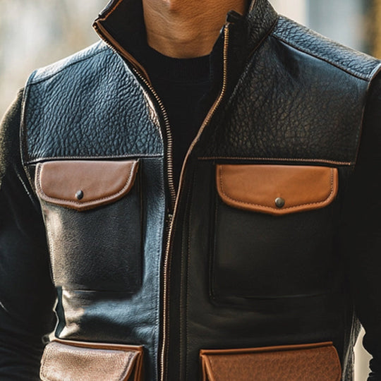 Men's Vintage Stand Collar Zippered Leather Vest 9893977260216