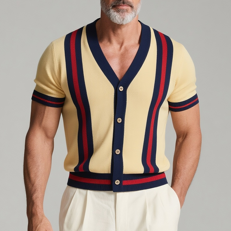 Men's Striped V Neck Short Sleeve Knit Cardigan DTT25073116