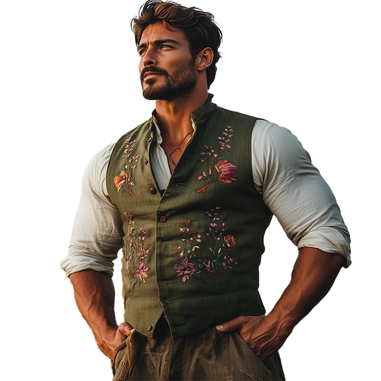 Men's Summer Fashion Embroidered Slub Linen Sleeveless Vest DTT25070111