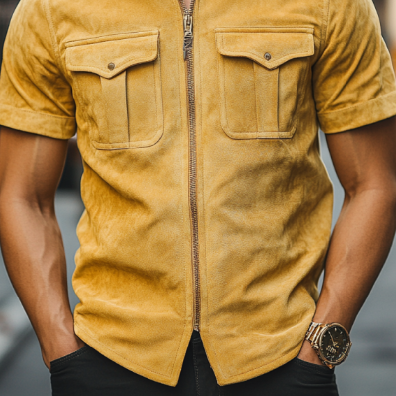 Men's Retro Casual Slim Lapel Multi-Pocket Suede Short Sleeve Shirt 9903595487416
