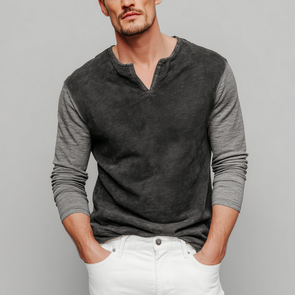 Men's Classic Casual V-neck Bamboo Cotton Patchwork Slim Fit Long Sleeve T-shirt DTT25080115