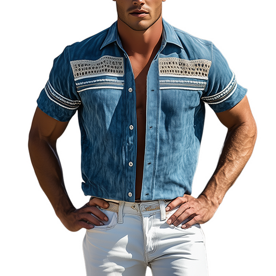 Men's Spring/Summer Suede Splicing Drop Mesh And Web Short Sleeve Shirt DTT25070115