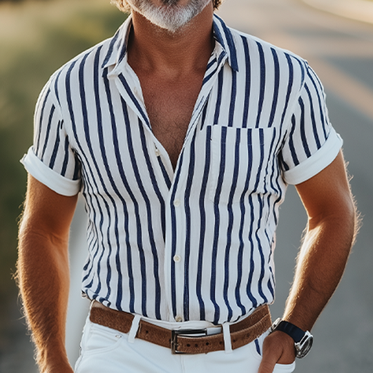 Men's Spring And Summer Fashion Casual Retro Western Style Vertical Striped Cotton Blend Short-sleeved Shirt DTT25060622