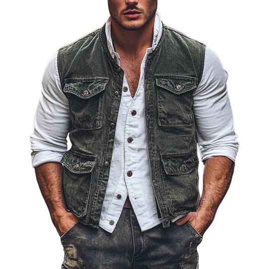 Men's Vintage Washed Round Neck Multi-Pocket Vest DDT25052815