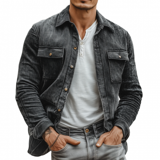 Men's Casual Chenille Fabric Lapel Flap Pocket Single Breasted Loose Long Sleeve Shirt Jacket DTT25080405