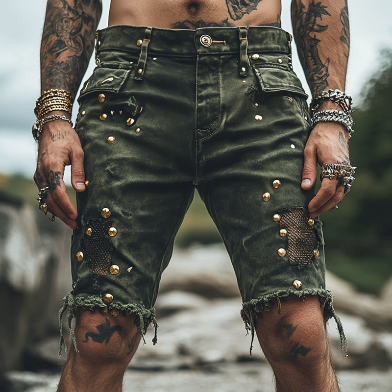 Men's Gothic Vintage Gold Metal Rivet Decor Mesh Holes Denim Shorts 9951470780600