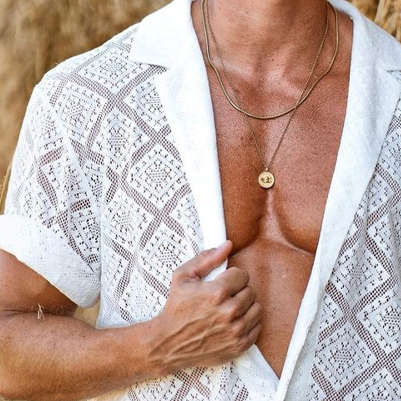 Men's Retro Notch Lapel Knitted Pattern Hollow Short Sleeve Shirt 9901327483064