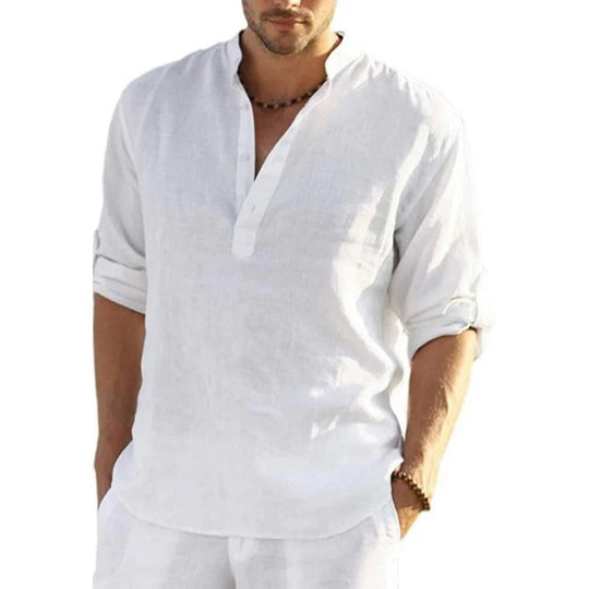 Men's Loose Stand Collar Cotton and Linen Long Sleeve Solid Color Shirt 9904627744952