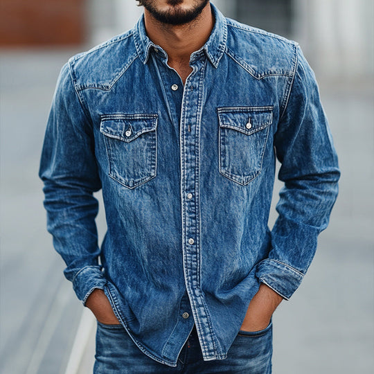 Men's Retro Casual Denim Washed Printed Lapel Long Sleeve Shirt 9904629448888