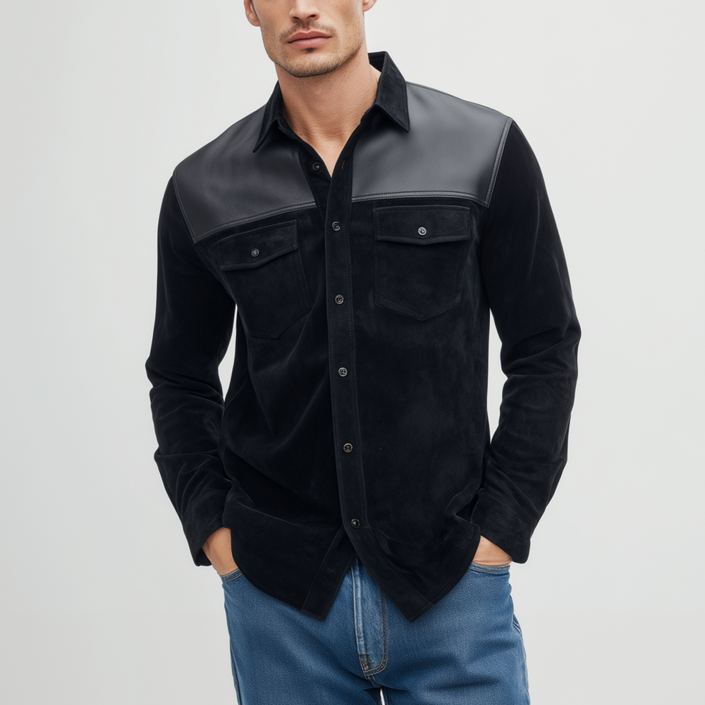 Men's Classic Casual Shoulder Stitching PU Leather Lapel Suede Long-sleeved Shirt DTT25080713