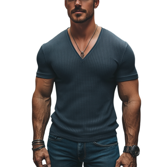 Men's Classic Casual Slim Fit Waffle Deep V Neck T-Shirt 9907264946360