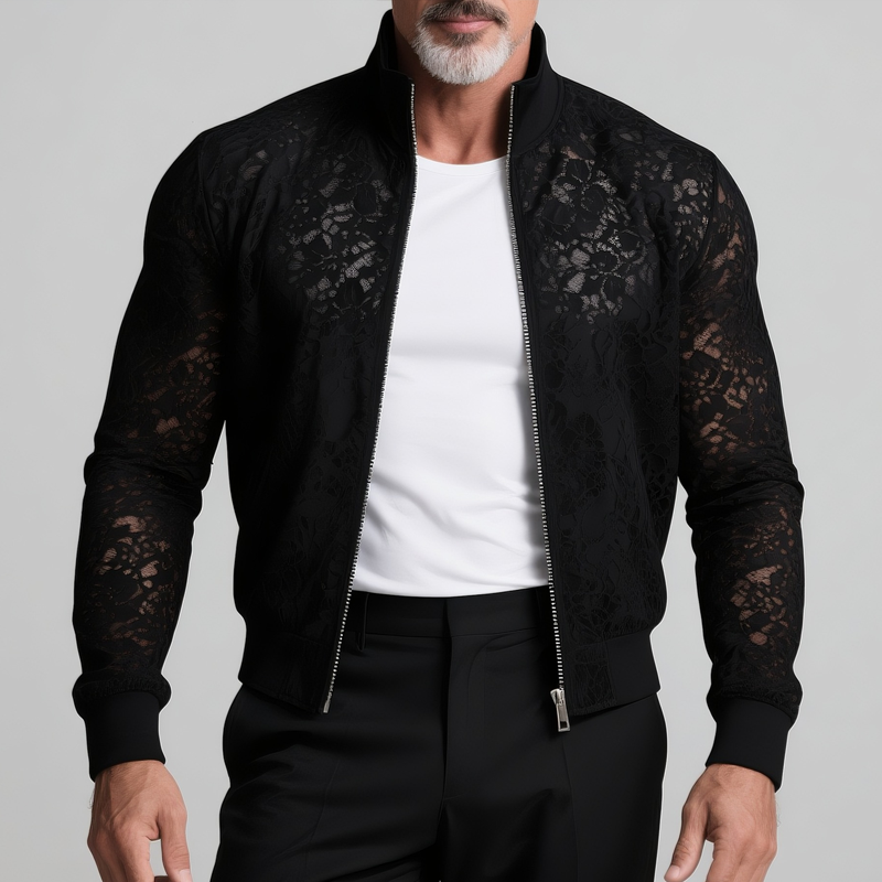 Men's Solid Lace Stand Collar Zipper Slim Jacket DTT25073120