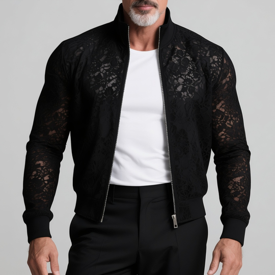 Men's Solid Lace Stand Collar Zipper Slim Jacket DTT25073120