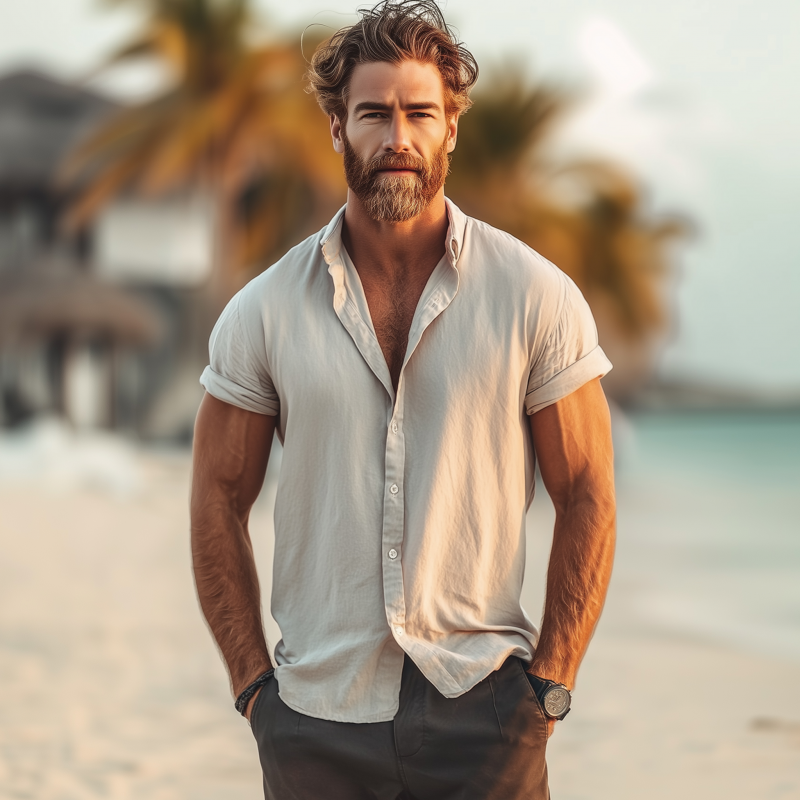 Men's Casual Breathable Solid Color Cotton Lapel Loose Short-sleeved Shirt DTT25070409