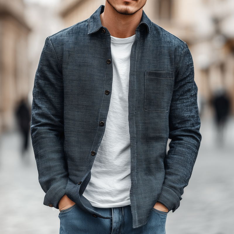 Men's Casual Breathable Cotton Linen Blend Lapel Patch Pocket Slim Fit Long Sleeve Shirt DTT25072101
