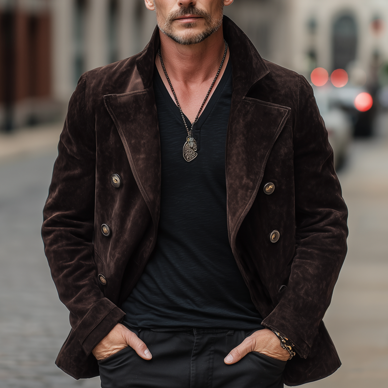 Men's Classic Double Breasted Notched Lapel Suede Jacket DTT25090404
