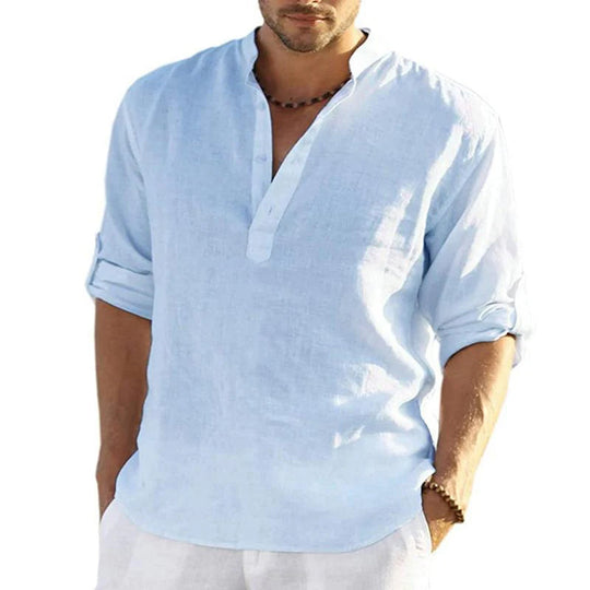 Men's Loose Stand Collar Cotton and Linen Long Sleeve Solid Color Shirt 9904627744952