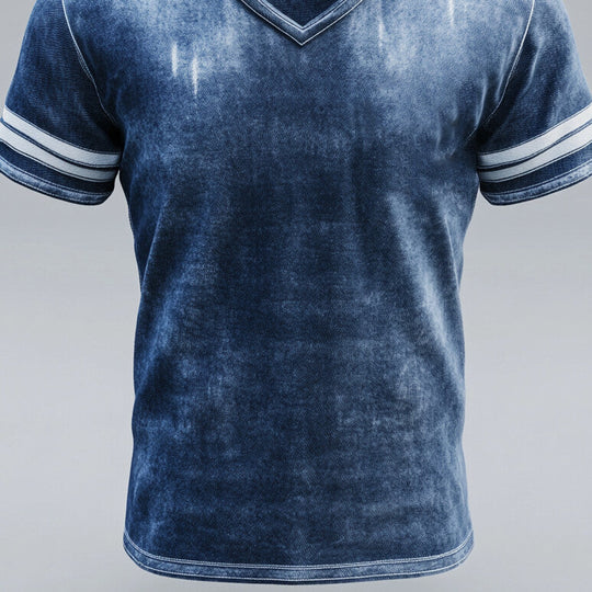 Men's V Neck Short Sleeve Striped Denim T-Shirt 9951402164408