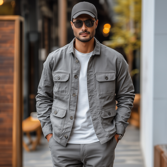 Men's Casual Outdoor Solid Color Breathable Cotton Washed Lapel Multi-Pocket Work Jacket DTT25073117