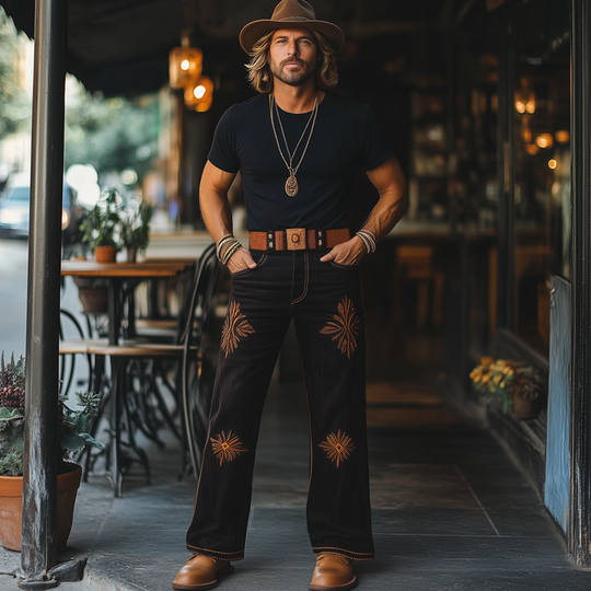 Men's Western Cowboy Style Vintage Embroidered Straight Pants DTT25061611