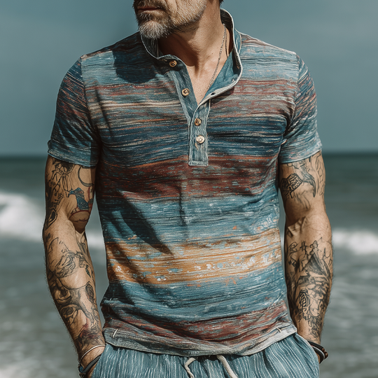 Men's Stripe Print Lapel Short Sleeve T-Shirt DTT25063010
