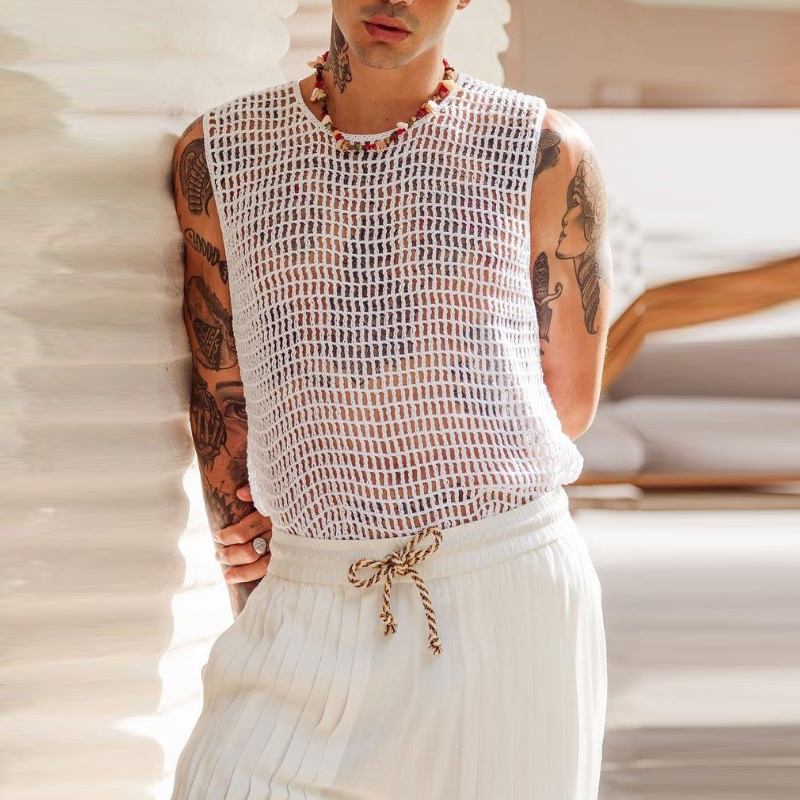Men's Casual Round Neck Loose Hollow Crochet Tank Top 9903253258424