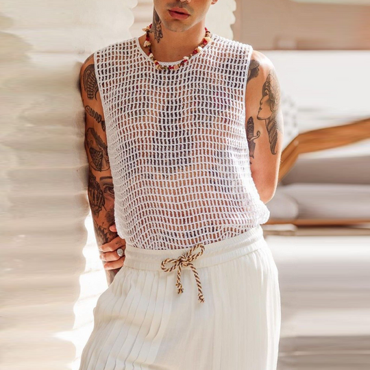 Men's Casual Round Neck Loose Hollow Crochet Tank Top 9903253258424