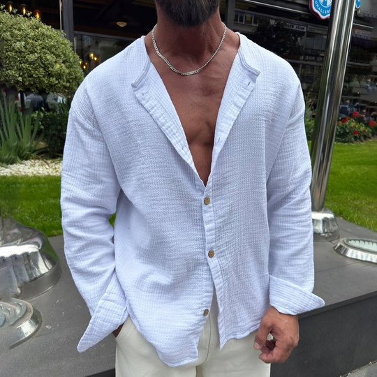 Men's Solid Cotton And Linen Round Neck Long Sleeve Shirt DTT25060518