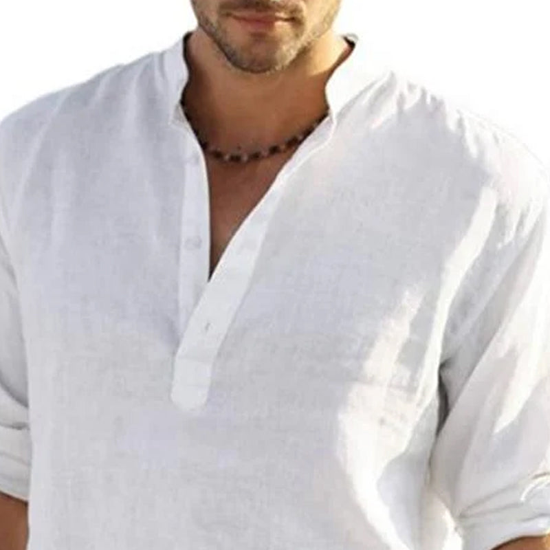 Men's Loose Stand Collar Cotton and Linen Long Sleeve Solid Color Shirt 9904627744952