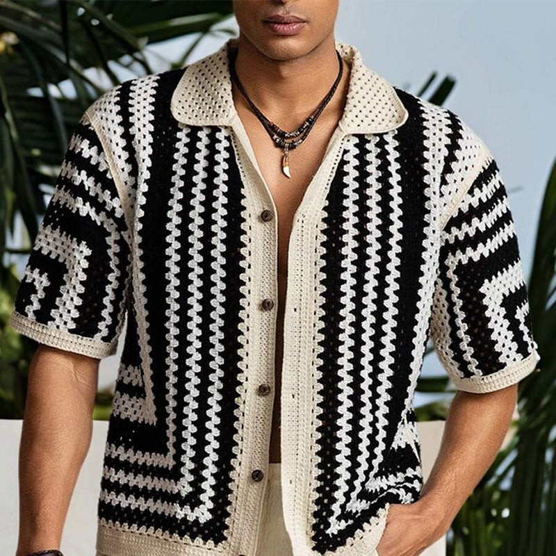 Men's Knitted Patchwork Contrast Lapel Short-sleeved Shirt 9918989533368
