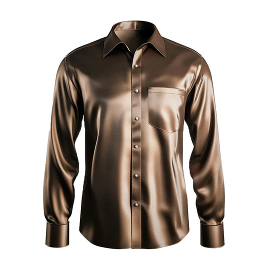 Men's Satin Solid Turndown Collar Single Breasted Chest Pocket Long Sleeve Shirt 9913234948280