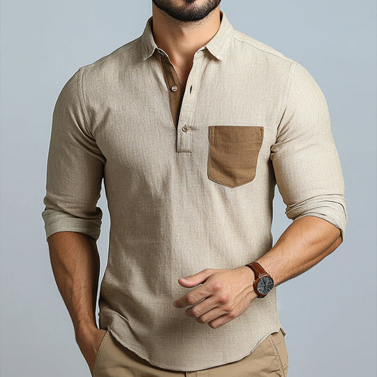 Men's Retro Casual Colorblock Cotton and Linen Pocket Lapel Long Sleeve Shirt 9904628859064