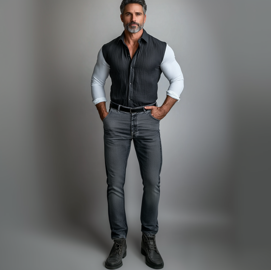 Men's Turndown Collar Contrast Color Fold Long Sleeve Shirt 9899608670392