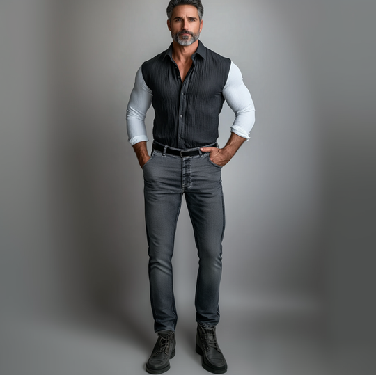 Men's Turndown Collar Contrast Color Fold Long Sleeve Shirt 9899608670392