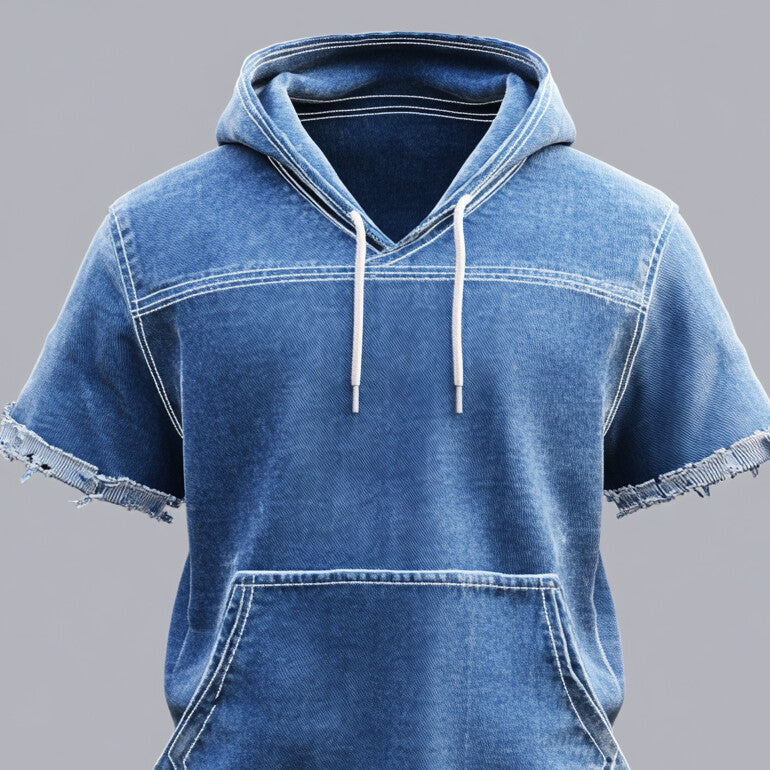 Men's Raw Edge Short Sleeve Pocket Drawstring Denim Hoodie 9953098956984