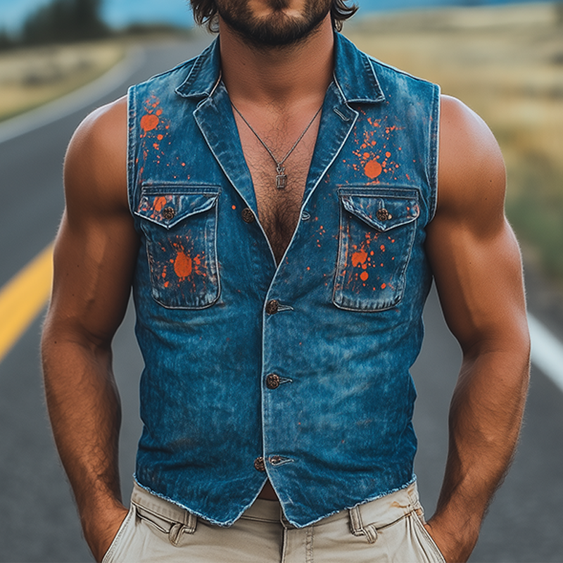 Men's Fashion Casual Washed Denim Personalized Ink Splash V-Neck Slim Vest DTT25062611